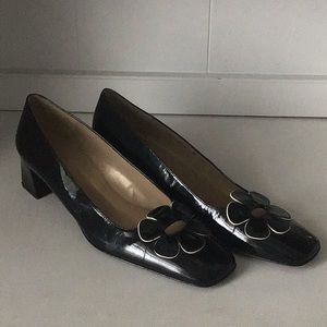 Authentic Black Stuart Weitzman flower block heel